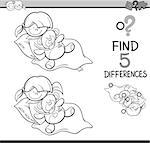 Black and White Cartoon Illustration of Finding Differences Educational Activity Task for Preschool Children with Girl and Teddy for Coloring Book