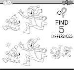 Black and White Cartoon Illustration of Finding Differences Educational Activity Task for Preschool Children with Winter Fun for Coloring Book