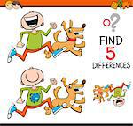 Cartoon Illustration of Finding Differences Educational Activity for Preschool Children with Boy and his Dog