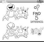 Black and White Cartoon Illustration of Finding Differences Educational Activity for Preschool Children with Boy and his Dog for Coloring Book