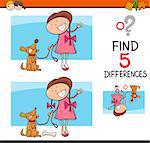 Cartoon Illustration of Finding Differences Educational Activity Task for Preschool Children with Girl and her Dog