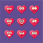 Pink Heart Emoji Character Set Of Flat Bright Color Trendy Cartoon Design Vector Icons Isolated On Violet Background