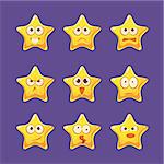 Golden Star Emoji Character Set Of Flat Bright Color Trendy Cartoon Design Vector Icons Isolated On Violet Background