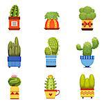 Cactus In Pot Flat Cartoon Childish Cartoon Style Set Of Vector Icons Isolated On White Background