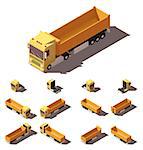 Vector Isometric icon or infographic element representing truck or tractor with tipper trailer or semi-trailer. Every truck and trailer in four views with different shadows