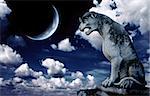 Ancient lion statue and bright moon in the night sky. Elements of this image furnished by NASA