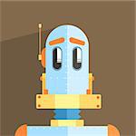 Simpleton Robot Character Portrait Icon In Weird Graphic Flat Vector Style On Bright Color Background
