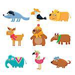 Dressed Animals Set Of Cute Childish Style Bright Color Design Icons Isolated On White Background
