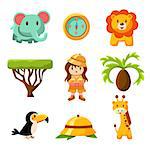 Girl African Explorer Cute Childish Style Bright Color Design Icons Isolated On White Background