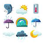 Weather Forecast Pictures Set Of Cute Childish Style Bright Color Design Icons Isolated On White Background