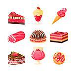 Strawberry Dessert Set Of Cute Childish Style Bright Color Design Icons Isolated On White Background