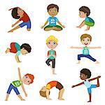 Little Boys Doing Yoga Set Of Bright Color Cartoon Childish Style Flat Vector Drawings Isolated On White Background