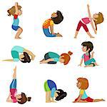 Little Girls Doing Yoga Set Of Bright Color Cartoon Childish Style Flat Vector Drawings Isolated On White Background