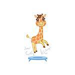 Giraffe Jumping On Trampoline Outlined Flat Vector Illustration In Cute Girly Cartoon Style Isolated On White Background