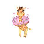 Giraffe With Donut Around The Neck Outlined Flat Vector Illustration In Cute Girly Cartoon Style Isolated On White Background