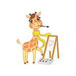 Giraffe In Scarf Painting Outlined Flat Vector Illustration In Cute Girly Cartoon Style Isolated On White Background