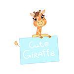 Giraffe Behind A Paper Banner Outlined Flat Vector Illustration In Cute Girly Cartoon Style Isolated On White Background