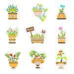 Flowers In Pots Collection Of Hand Drawn Fantasy Stickers In Cute Cartoon Style Isolated On White Background