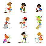 Kids Gardening Set Of Flat Outlined Cartoon Vector Design Drawings Isolated On White Background