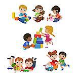 Kids Playing Indoors Set Of Colorful Simple Design Vector Drawings Isolated On White Background