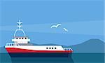 Cargo Ship At The Sea Flat Bright Color Simplified Vector Illustration In Realistic Cartoon Style Design