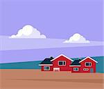 Classic Icelandic Landscape With Houses Flat Bright Color Simplified Vector Illustration In Realistic Cartoon Style Design