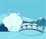 Geyser And the Bridge Flat Bright Color Simplified Vector Illustration In Realistic Cartoon Style Design