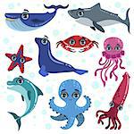 Marine Animals Set Of Bright Color Cartoon Style Vector Illustrations Isolated On White Background