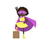 Girl In Superhero Costume With Violet Cape Funny And Adorable Flat Isolated Vector Design Illustration On White Background