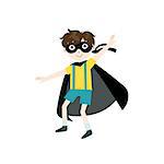 Kid In Superhero Costume With Black Cape Funny And Adorable Flat Isolated Vector Design Illustration On White Background