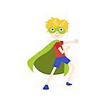 Boy In Superhero Costume With Green Cape Funny And Adorable Flat Isolated Vector Design Illustration On White Background