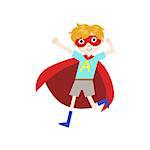 Boy In Superhero Costume With Red Cape Funny And Adorable Flat Isolated Vector Design Illustration On White Background