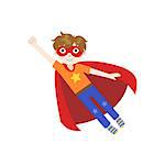 Kid In Superhero Costume Flying Funny And Adorable Flat Isolated Vector Design Illustration On White Background