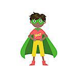Kid In Superhero Costume With Green Cape Funny And Adorable Flat Isolated Vector Design Illustration On White Background