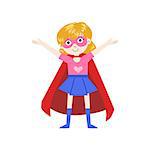 Girl In Superhero Costume  With Red Cape Funny And Adorable Flat Isolated Vector Design Illustration On White Background