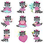 Cute Girl Raccoon Cartoon Set Of Colorful Illustrations In Cute Girly Cartoon Style Isolated On White Background