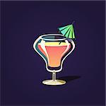 Tropical Cocktail Outlined Flat Vector Sticker In Cartoon Design Isolated On Dark Background