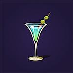 Martini Cocktail  Outlined Flat Vector Sticker In Cartoon Design Isolated On Dark Background