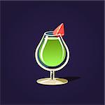 Green Cocktail Outlined Flat Vector Sticker In Cartoon Design Isolated On Dark Background