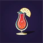 Pineapple Cocktail Outlined Flat Vector Sticker In Cartoon Design Isolated On Dark Background