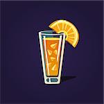 Orange Cocktail Outlined Flat Vector Sticker In Cartoon Design Isolated On Dark Background