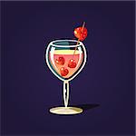 Strawberry  Cocktail Outlined Flat Vector Sticker In Cartoon Design Isolated On Dark Background