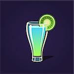 Kiwi Cocktail Outlined Flat Vector Sticker In Cartoon Design Isolated On Dark Background