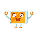 Happy Little Robot Character Simple Flat Vector Icon In Childish Cute Style Isolated On White Background