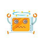 Dizzy Little Robot Character Simple Flat Vector Icon In Childish Cute Style Isolated On White Background