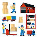 Set Of Illustrations With Storehouse Workers In Simplified Flat Vector Design On White Background