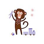 Monkey Playing With Toys Creative Funny And Cute Flat Design Vector Illustration In Simplified Mulicolor Style On White Background