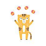 Tiger Juggling With Four Balls Creative Funny And Cute Flat Design Vector Illustration In Simplified Mulicolor Style On White Background