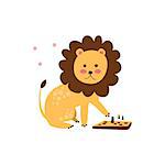 Lion Playing Chess Creative Funny And Cute Flat Design Vector Illustration In Simplified Mulicolor Style On White Background