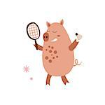 Pig Playing Badminton Creative Funny And Cute Flat Design Vector Illustration In Simplified Mulicolor Style On White Background